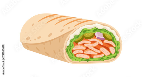 Delicious chicken shawarma wrap with fresh vegetables and creamy sauce illustration
