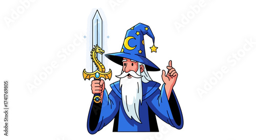 Illustration of a wizard holding a magical sword ready to cast a powerful spell with great