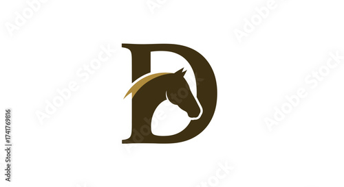 Elegant horse head silhouette incorporated into the letter D logo design concept