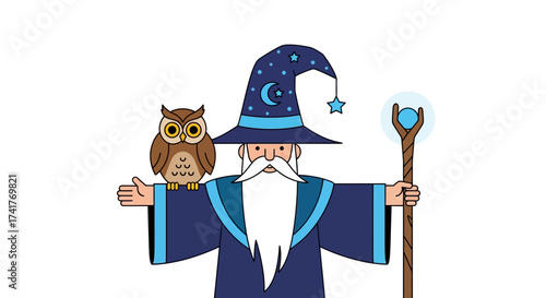 Whimsical Wizard Character with Owl and Magic Staff in Cartoon Illustration Style