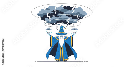 Wizard casting a spell, summoning storm clouds with lightning in a cartoon style