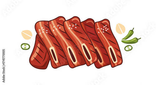 Illustration of grilled short ribs with sesame seeds and green peppers for Asian BBQ dishes