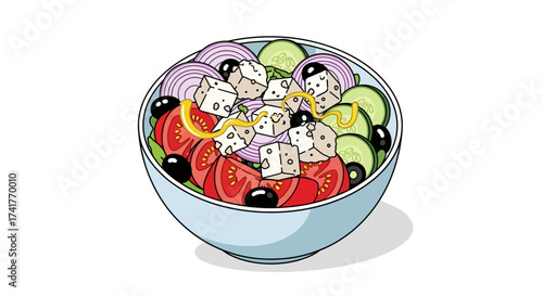 Illustration of a fresh and vibrant Greek salad in a bowl on a white background