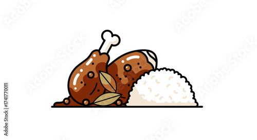 Whimsical Filipino Adobo Illustration Featuring Chicken Rice and Bay Leaves Delight
