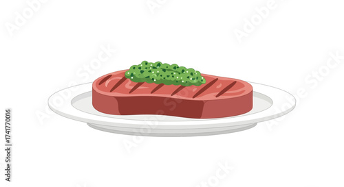 Cartoon Steak with Green Sauce on a White Plate ready to be served for dinner or lunch