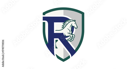 Elegant crest logo featuring a horse integrated with the letter R in navy and green colors