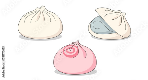 Colorful Xiao Long Bao dumplings isolated on white background culinary illustration