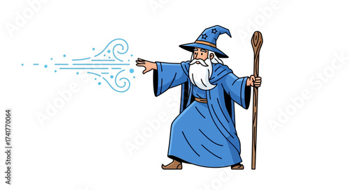 A cartoon wizard casting a spell with a wooden staff isolated on a white background character