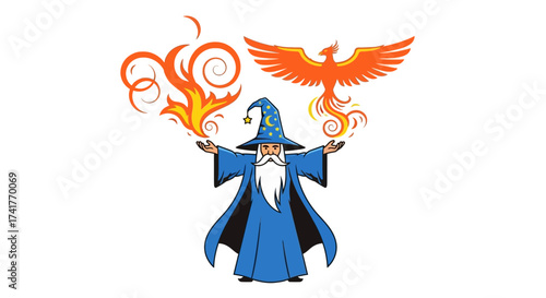 Cartoon illustration of a wizard casting spells with fire and a phoenix overhead, invoking magic
