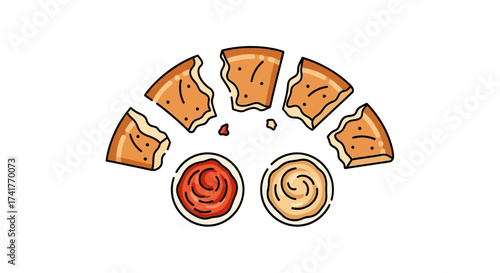 Delicious Cartoon Illustration of Pita Bread with Ketchup and Hummus Dips on White Background