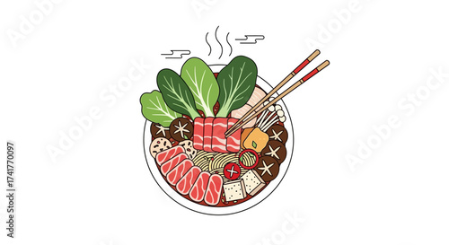 Delicious and Nutritious Hot Pot Illustration with Fresh Ingredients and Steaming Aroma