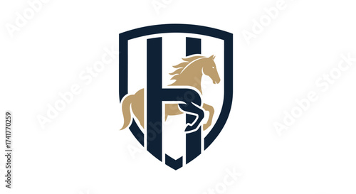 Elegant Horse and Shield Logo Emblem Design Depicting Power and Nobility in Equestrian Sports