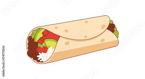Cartoon illustration of a delicious burrito filled with fresh ingredients on white backdrop