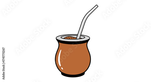 Illustration of a traditional yerba mate gourd with bombilla on white background