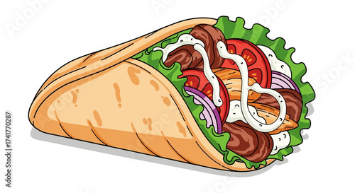 Delicious Gyro Wrap Illustration with Fresh Ingredients and Creamy Sauce Depicted in Detail