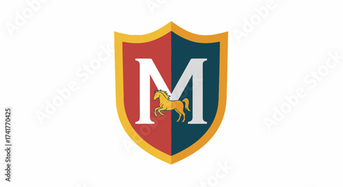 Elegant heraldic shield logo with letter M and horse emblem for brand identity creation