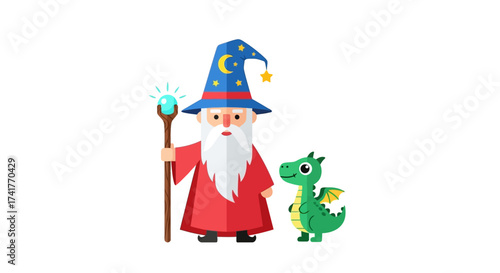 Cartoon wizard with a long beard holding a staff accompanied by a friendly dragon