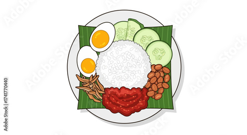 Delicious Nasi Lemak Illustration: A Vibrant Depiction of Malaysian Cuisine Served on a Plate