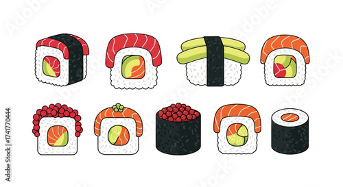 Illustration of various types of sushi rolls featuring fresh ingredients and vibrant colors