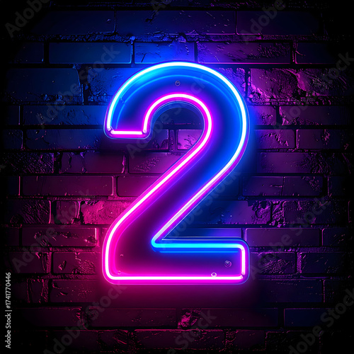 Neon number two, illuminated with vibrant blue and pink lights, against a dark brick wall background.