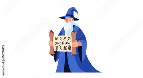 Illustration of a wizard holding a scroll with mysterious symbols and wearing a blue robe and a