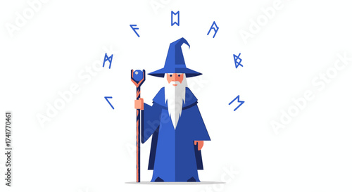 Illustration of a wizard with a staff surrounded by magical runes for fantasy themes