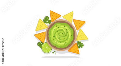 Delightful guacamole dip with crunchy tortilla chips, garnished with fresh cilantro and zesty