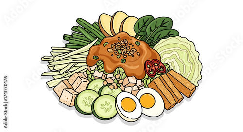 Indonesian Gado-Gado Salad Illustration: A Colorful Mix of Vegetables and Peanut Sauce