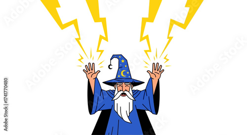 Cartoon wizard casting spells with lightning bolts, illustrating fantasy and magic conjuring