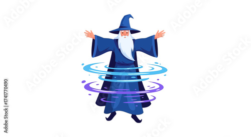 Illustration of a wizard with a blue robe casting a magic spell in a fantastical setting