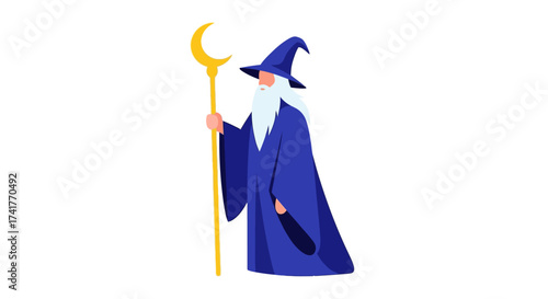 Enchanting wizard illustration with moon staff and flowing beard for fantasy projects