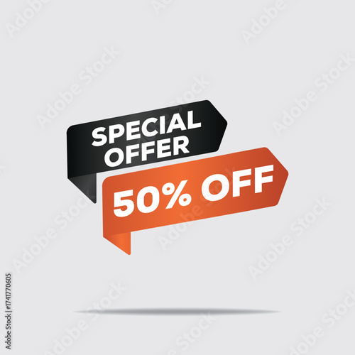 3D special offer 50% off banner – bold typography, orange and black, modern minimalist design, dynamic abstract shapes, clean and eye-catching