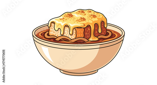Delicious French Onion Soup Illustration Topped with Melted Cheese and Croutons in a Bowl