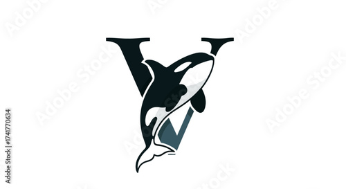 Elegant orca with a capital V logo design for branding and company identity projects