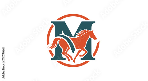 Elegant horse logo with letter M and circular frame embodying grace and strength