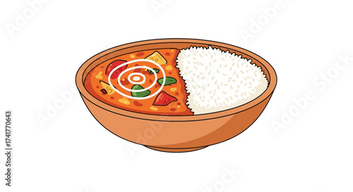 Delightful bowl of curry and rice illustration perfect for menus and food blog posts
