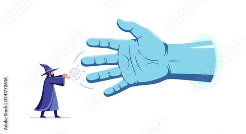 A Wizard's Duel Against a Giant Hand: Magic and Mysticism Confrontation Illustration