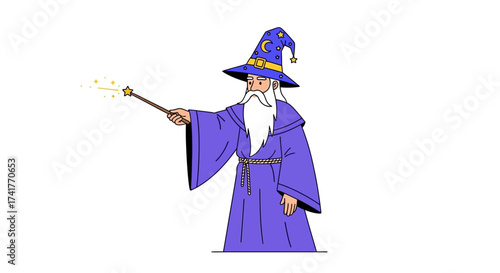 Illustration of a cartoon wizard casting a spell with a wand on a white background