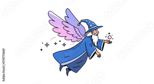 Cartoon wizard with wings casting a spell perfect for story illustration and whimsical design