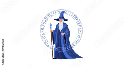 Illustration of a wise old wizard with a staff in front of a rune circle background