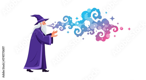 Vector illustration of wizard casting spell with colorful magic smoke and stars in a fantasy world