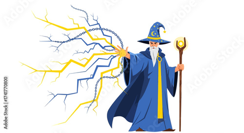 Illustration of a powerful wizard casting a spell surrounded by lightning and chains