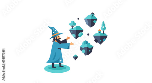 Captivating wizard controlling floating islands in a mystical flat design illustration