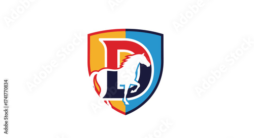 Vibrant shield emblem featuring a majestic horse and bold letter D design logo creation