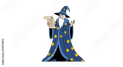 Cartoon wizard with scroll and star-studded robe stands on a white background