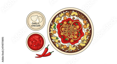 Illustration of a spicy Indian dish with garlic vinegar and red chili peppers for seasoning