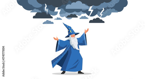 Mystical wizard casting spells under a stormy sky with lightning illustration