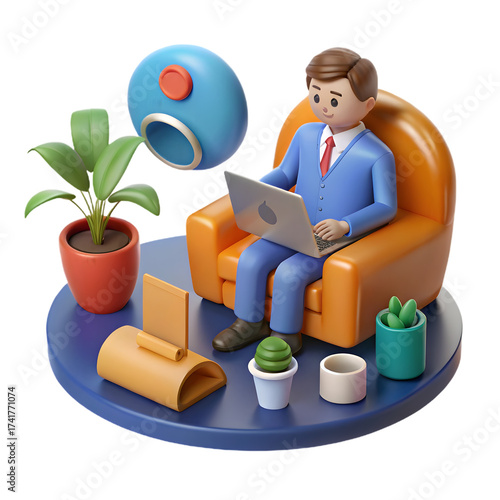 Stylized 3d cartoon businessman working on a laptop while relaxing in a comfortable armchair at home