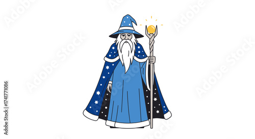 Cartoon illustration of a wizard with a staff and hat isolated on white background