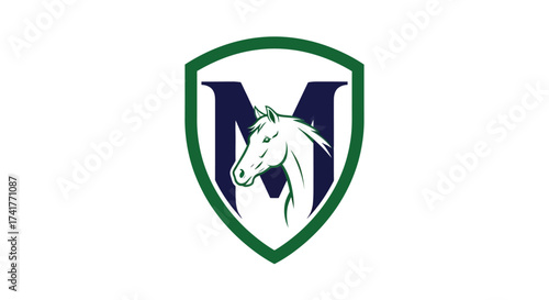 Elegant Horse Emblem with Letter M and Shield Design for Equine Branding